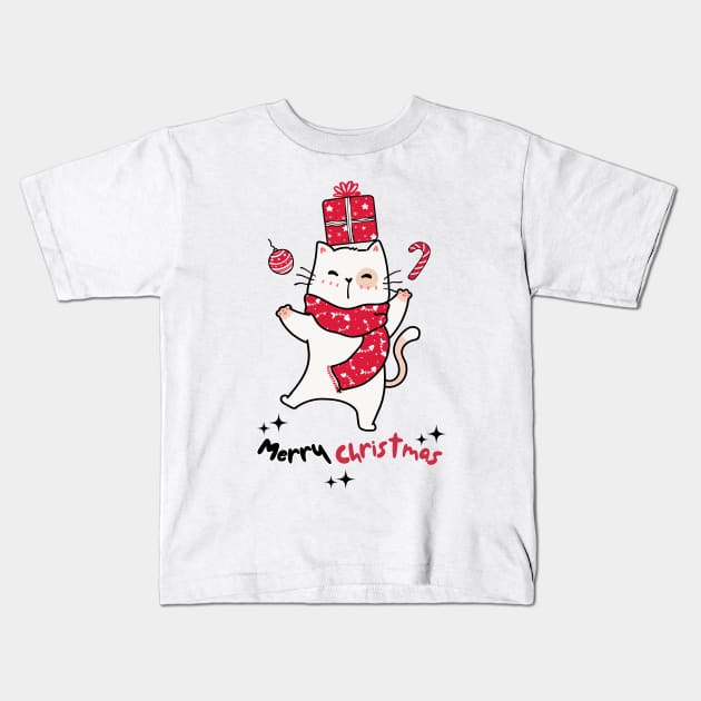 Merry Christmas Meowy Christmas Happy Cat Kids T-Shirt by Bro Aesthetics